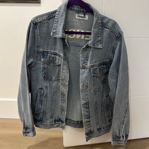Balenciaga denim Jacket with Button Closure and yellow writing on back